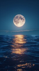 full moon reflection sea surface hyper-realistic water texture night sky detailed view