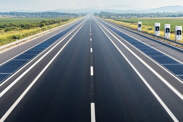 A wide, empty highway featuring solar panels along the sides, surrounded by green fields and mountains in the distance under a clear sky.