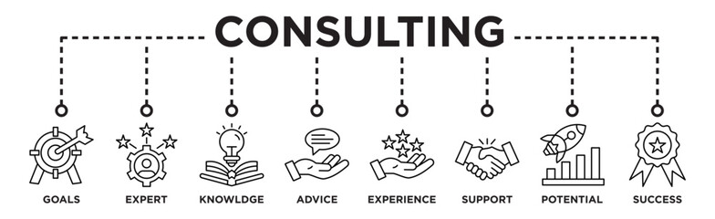 Consulting banner web icon vector illustration concept for business consultation with an icon of goals, expert, knowledge, advice, experience, support, potential, and success