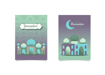 High-quality Islamic Ramadan Greeting Cards. Modular mosque illustration in halftone vector style. Perfect for celebrating Ramadan Kareem, Eid Mubarak, and Islamic festivals.