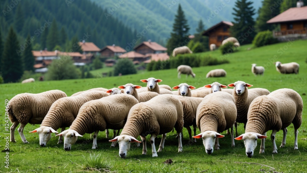 Poster flock of sheep grazing in a lush green meadow with mountains and rustic houses in the background und