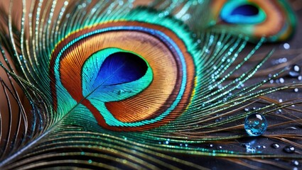 Vibrant close-up of a peacock feather showcasing iridescent colors and a sparkling water droplet for artistic and nature-themed use.