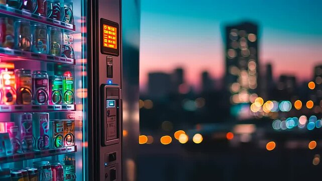 Neon-lit vending machine against a vibrant city sunset backdrop.