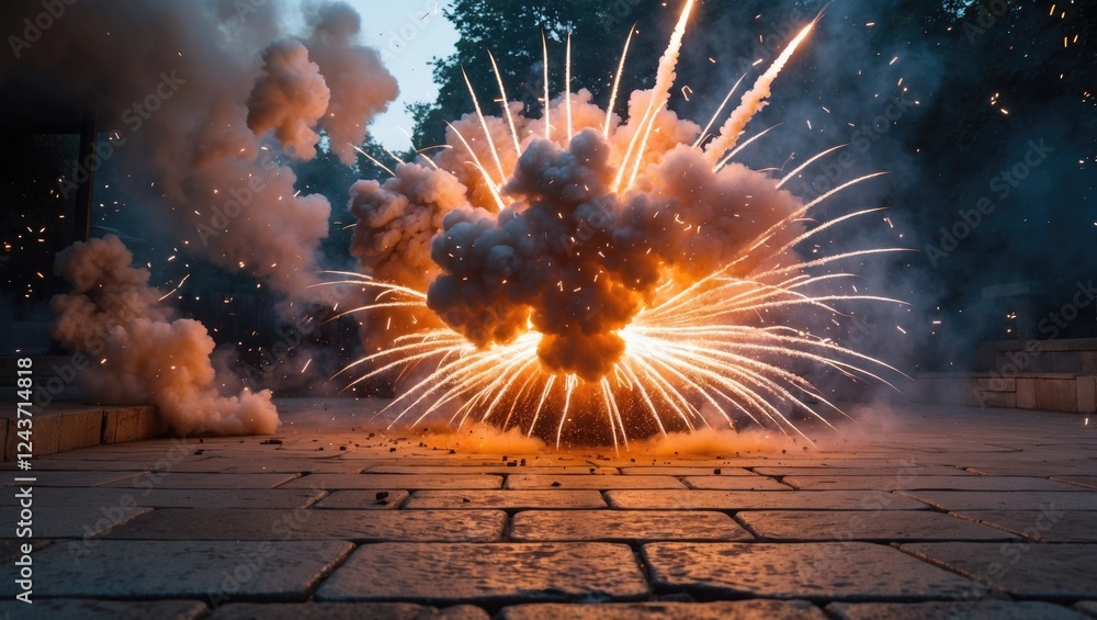 Aufkleber dramatic firework explosion on stone pavement captured in action with smoke sparks and debris creati