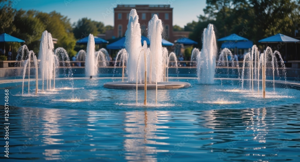 Poster dazzling dancing fountain with vibrant blue reflections creating a serene atmosphere in a tranquil p