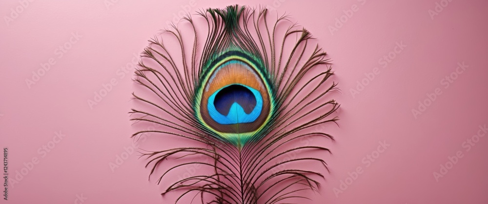 Poster peacock feather on soft pink background showcasing vibrant colors and textures ideal for minimalisti
