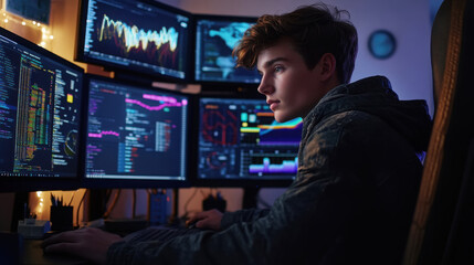 Focused young man analyzing data on computer screens in home office setup