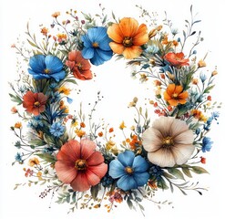 Watercolor Floral Wreath with Wildflowers in Soft Pastel Colors on White Background