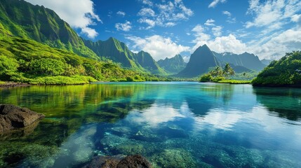 Fototapeta premium A breathtaking island landscape covered in lush greenery, reflecting in the crystal-clear ocean under blue skies