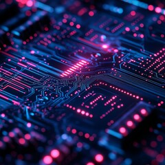 Obraz premium A futuristic digital circuit board with glowing lines and microchips, representing technological advancement and innovation. Perfect for tech-related content, cybersecurity, and AI themes.