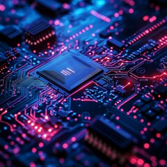 A futuristic digital circuit board with glowing lines and microchips, representing technological advancement and innovation. Perfect for tech-related content, cybersecurity, and AI themes.