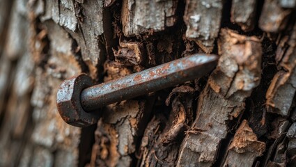 Close-up of a rusty nail embedded in textured tree bark highlighting nature's reclamation of man-made objects