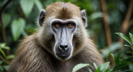 Fototapeta premium Pensive baboon portrait amidst lush greenery showcasing detailed fur and expressive eyes with space for added text or messaging.