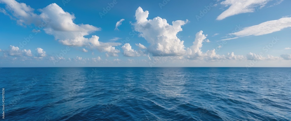 Poster serene ocean view under bright blue sky with white clouds and space for text and design elements