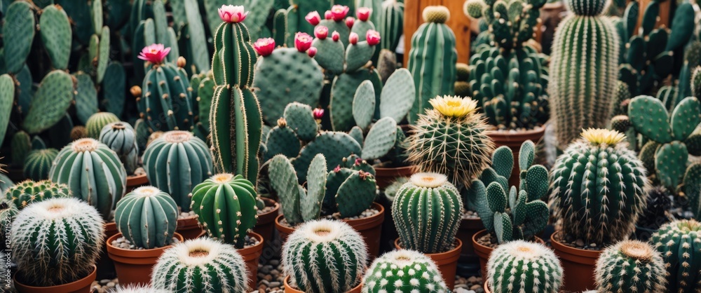 Poster vibrant collection of various cacti in a lush garden setting with space for custom text or branding