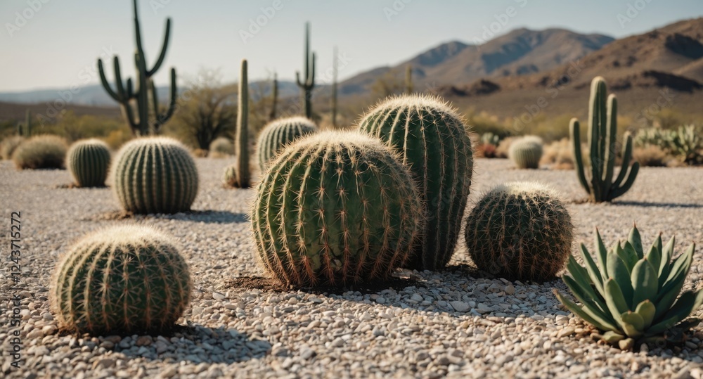 Poster diverse cacti varieties perfectly arranged in white gravel with scenic mountains creating a serene d