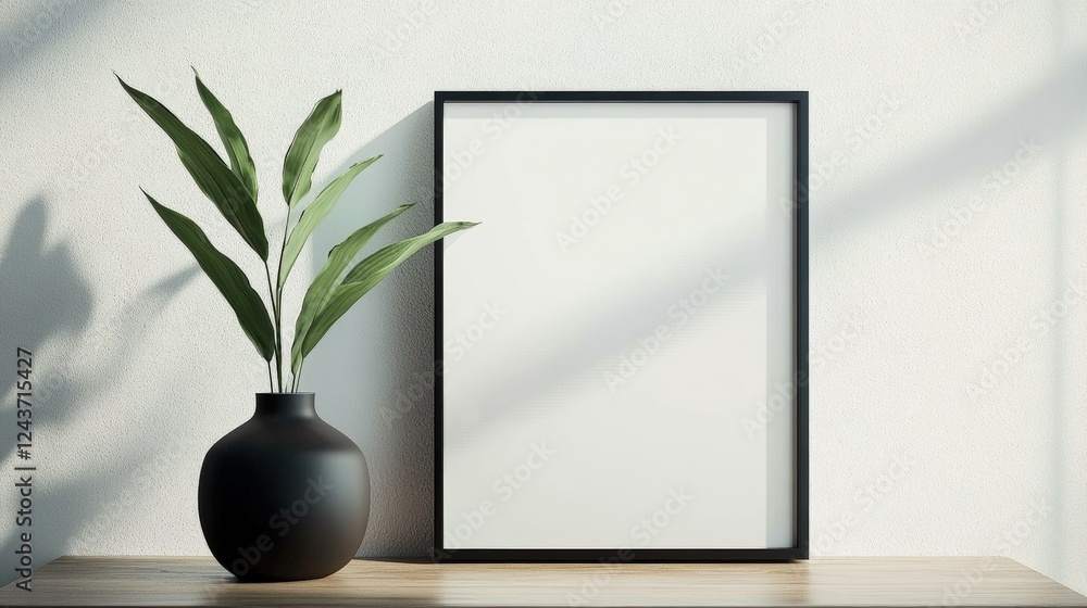Poster elegant mockup of an empty square frame with a black vase and green plant on a wooden table in a min