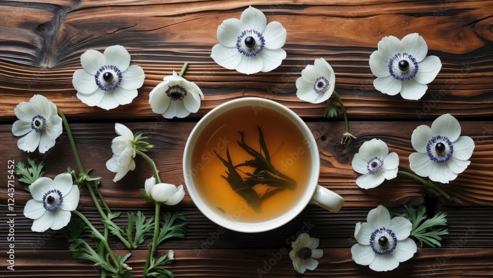 Poster cup of tea surrounded by white anemone flowers on rustic wooden surface viewed from above creating a