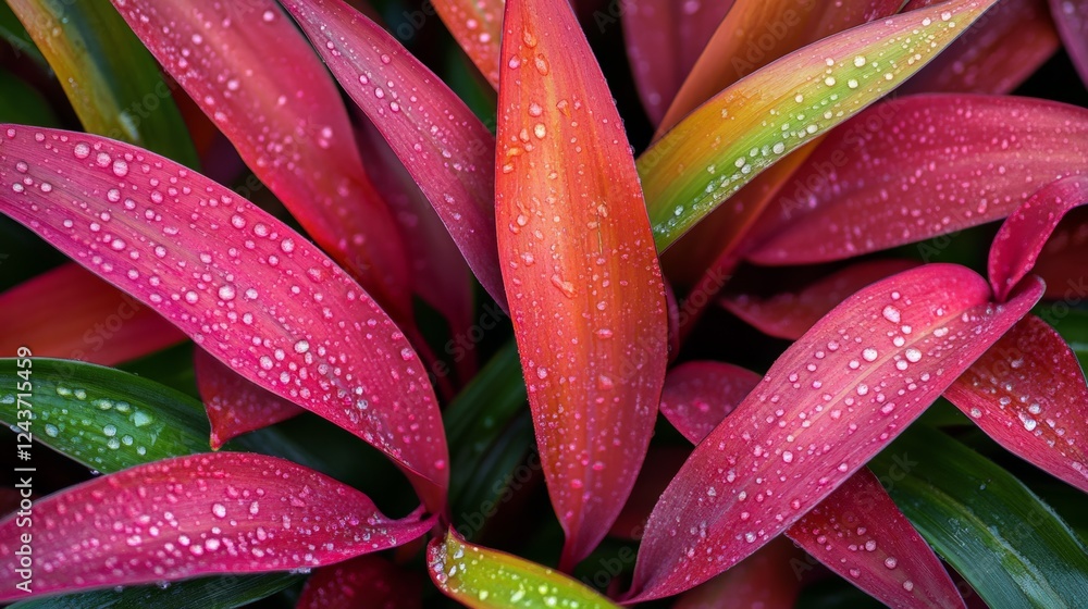 Poster close up view of glistening dewdrops clinging to vibrant red and green leaves of a ti plant, creatin