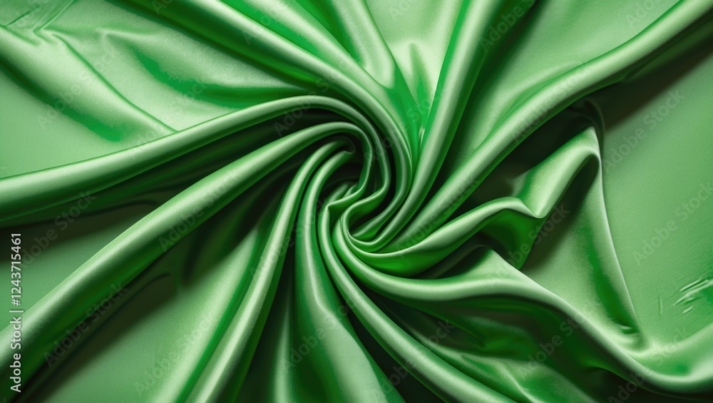Poster vibrant green satin fabric with elegant folds and shadows creating a fluid abstract pattern, soft te