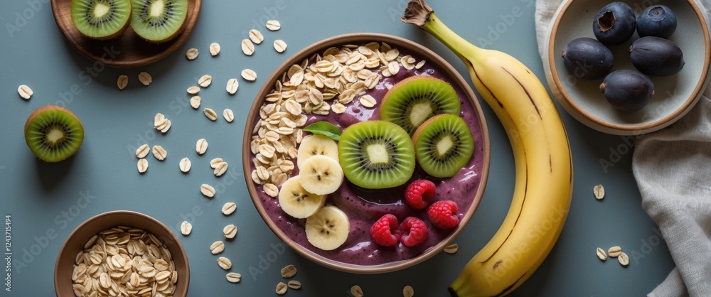Poster colorful acai bowl with kiwi banana oats and berries on table top view fresh healthy breakfast with 