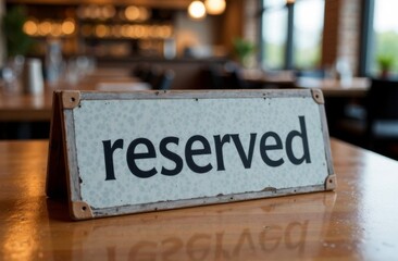The "Reserved" sign on the table with a blurred background. Booking a place in a restaurant.