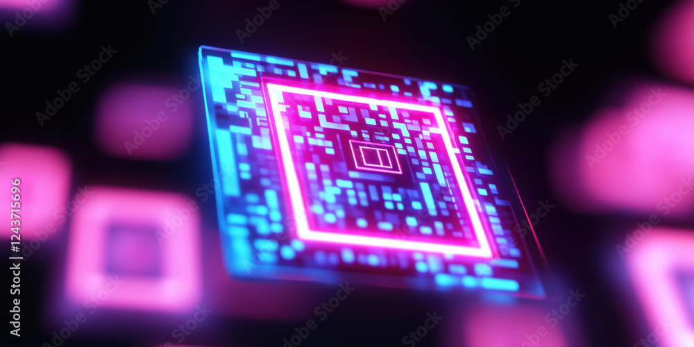 Poster glowing qr code design with vibrant colors and digital patterns