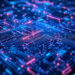 Obraz premium A futuristic digital circuit board with glowing lines and microchips, representing technological advancement and innovation. Perfect for tech-related content, cybersecurity, and AI themes.