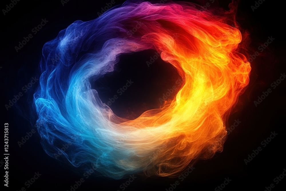 Poster colorful abstract wavy circle design with smooth flowing lines on black background