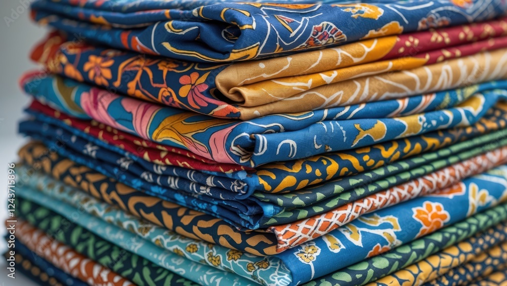 Poster colorful layered batik fabric showcasing intricate patterns and textures stacked elegantly for texti