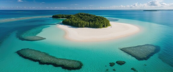 Obraz premium Aerial View of Serene Tropical Island with White Sandbank Lagoon and Crystal Clear Water Ideal for Travel and Nature Themes