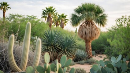 Fototapeta premium Lush desert scene featuring a palm tree surrounded by cacti and vibrant vegetation, evoking a peaceful and serene atmosphere.