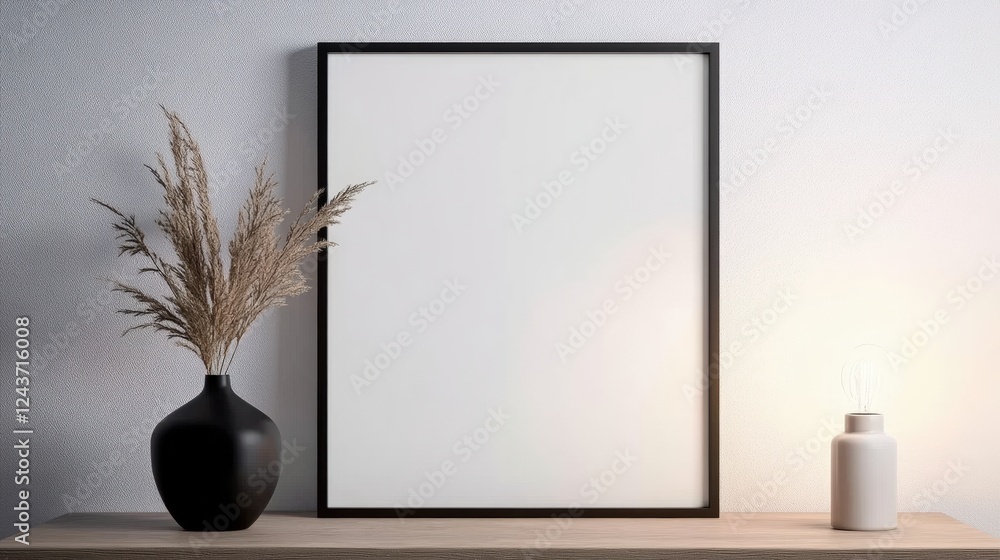 Aufkleber elegant mockup of a blank square frame on a minimalist shelf with decorative vase and soft lighting