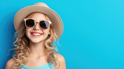 Fototapeta premium Space Tourism Service. Smiling girl in sunglasses and a hat against a bright blue background.