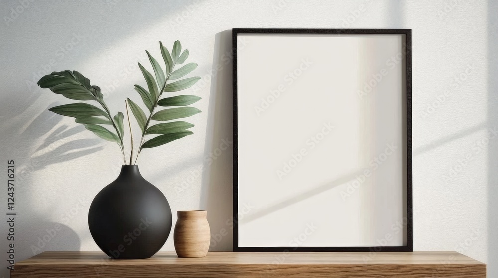 Poster minimalist interior mockup featuring empty square frame with greenery in stylish home decor setting 