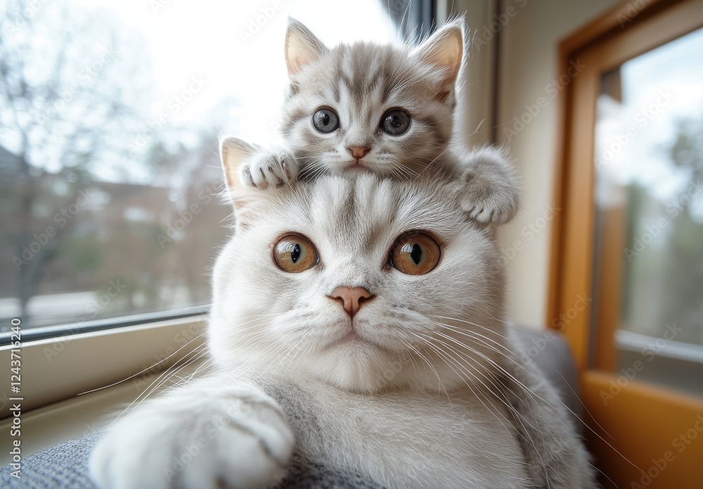 Poster adorable cat and kittens relaxing together by the window with playful interaction and bonding moment