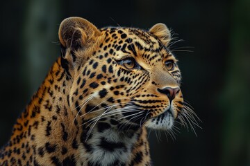 Fototapeta premium A close-up portrait of a majestic leopard in a natural setting, showcasing its striking features and intense gaze