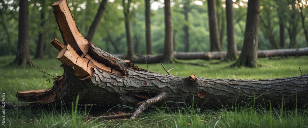 Poster broken tree trunk lying on grass in a lush forest with blurred trees in background and copy space fo