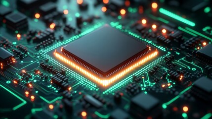 Obraz premium A futuristic digital circuit board with glowing lines and microchips, representing technological advancement and innovation. Perfect for tech-related content, cybersecurity, and AI themes.