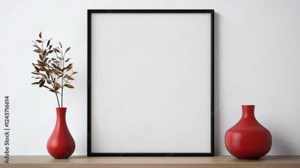 Aufkleber empty square frame mockup with two red vases and decorative branches on wooden table against white w