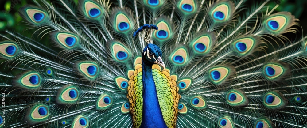 Poster majestic peacock displaying vibrant and colorful plumage with intricate feather patterns in a natura