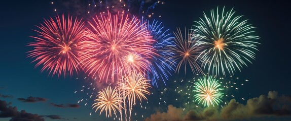 Fototapeta premium Vibrant fireworks illuminate a night sky in stunning colors creating magical displays of reds blues and greens against a velvety backdrop.