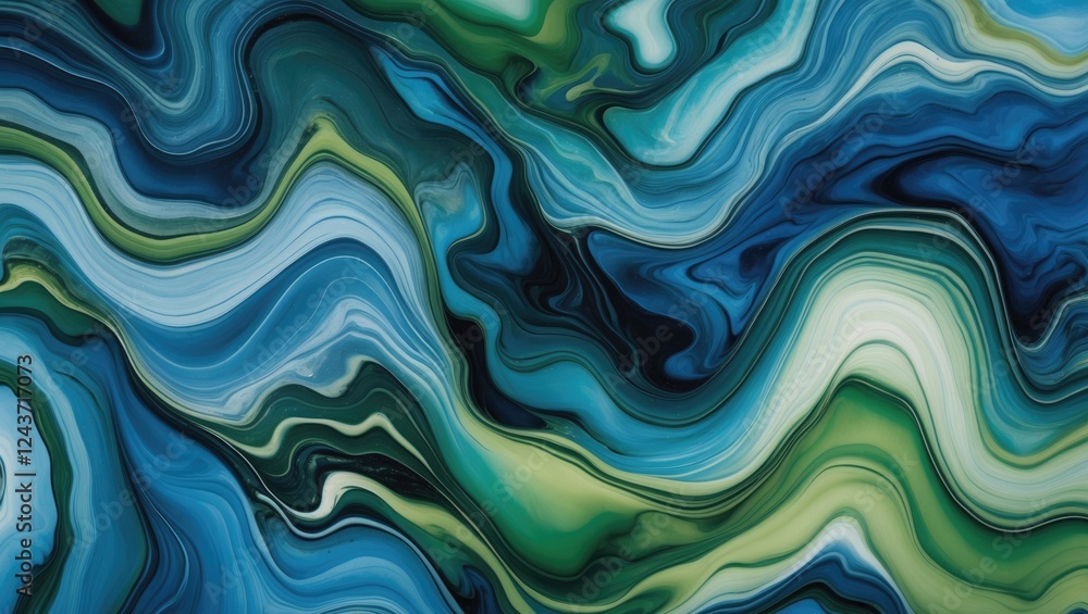 Poster abstract fluid art with swirling blue and green patterns creating a dynamic and vibrant marble-like 