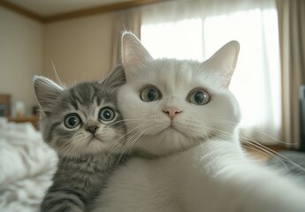 Adorable cats posing for a selfie in a cozy indoor setting with natural light highlighting their expressive eyes and fluffy fur textures