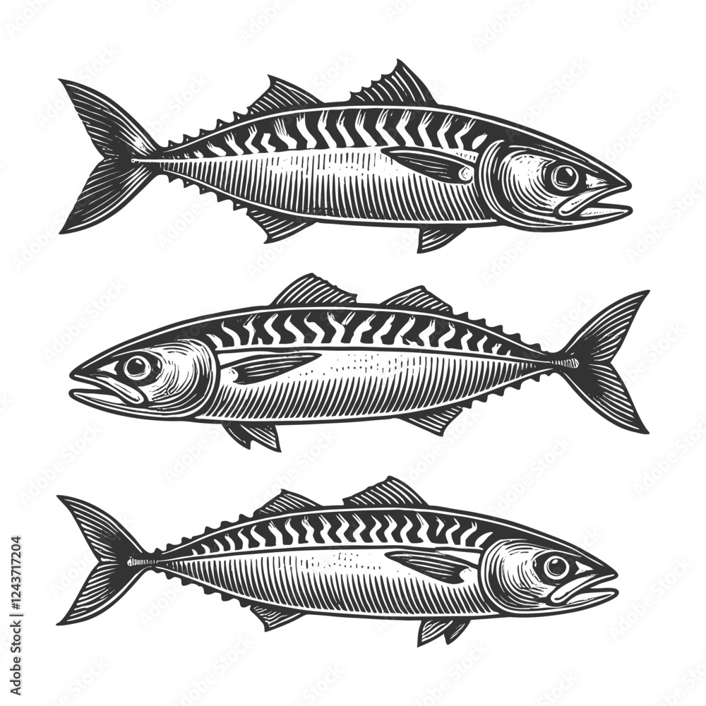 Poster mackerel fish, featuring intricate line work and realistic texture, isolated on white sketch engravi