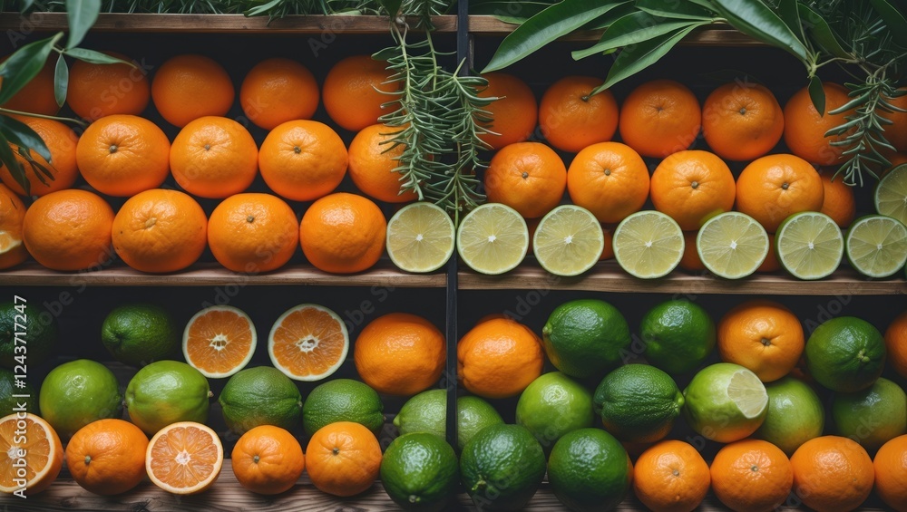 Poster vibrant display of fresh oranges and limes with greenery in a rustic setting highlighting fresh prod