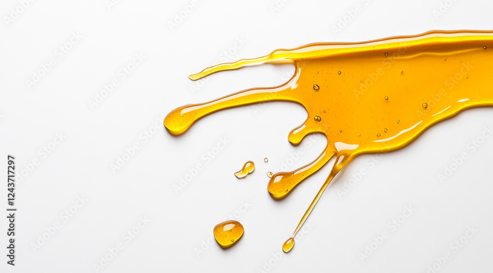 Poster Golden honey is splashed across a clean white surface, creating an appealing visual of liquid motion. The vibrant droplets showcase the smooth texture and rich color of the honey.