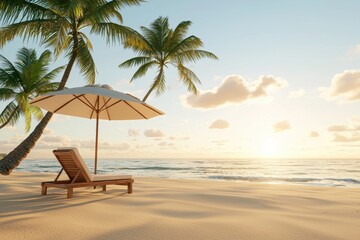 Space Tourism Service. Tranquil beach scene with palm trees, an umbrella, and a lounge chair at sunset.