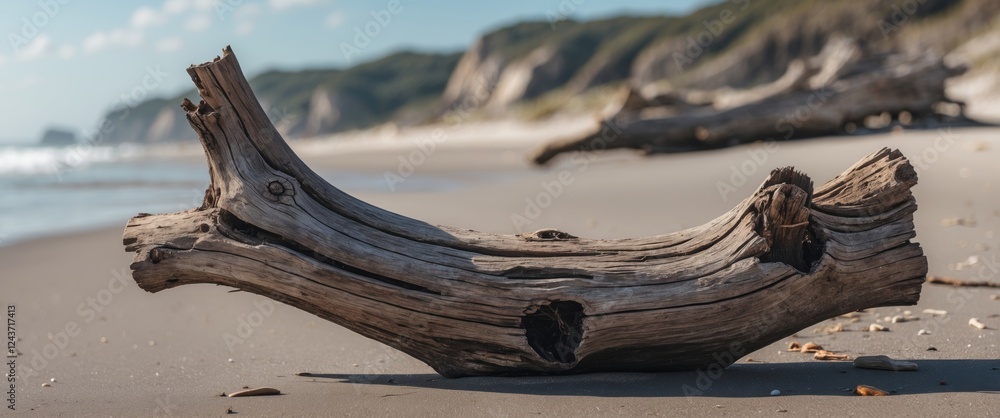 Poster driftwood resting on a sandy beach with ocean waves and cliffs in the background creating a serene c