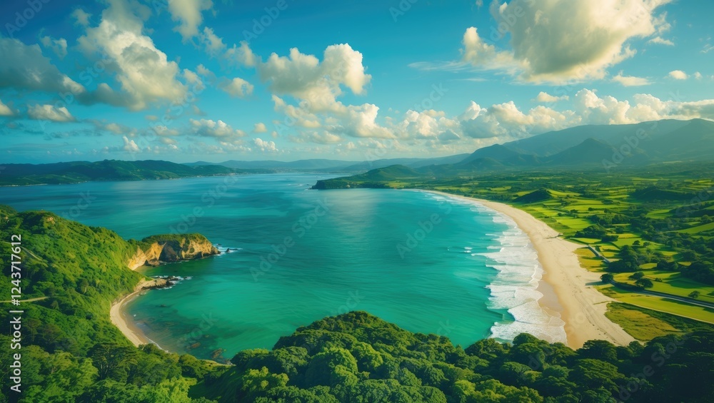 Poster aerial view of lush coastal landscape with serene waters and open space for text overlay in a scenic